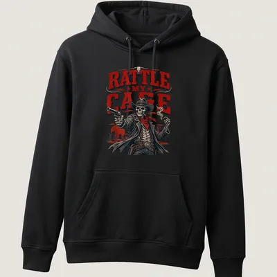 Vintage western style shirt featuring skeleton cowboy and bold text. — printed on a unisex hoodie