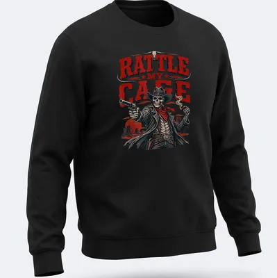 Vintage western style shirt featuring skeleton cowboy and bold text. — printed on a unisex sweatshirt