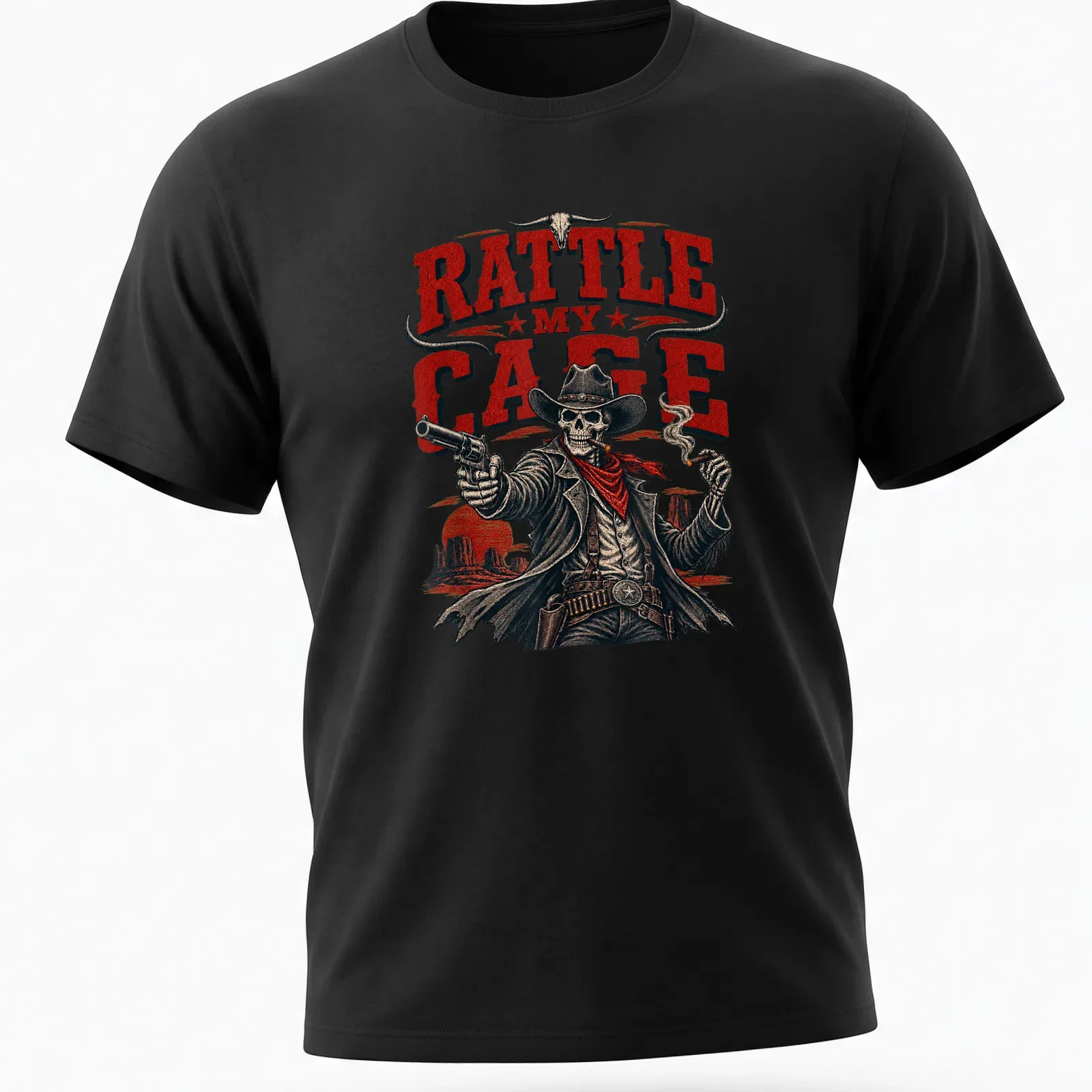 Vintage western style shirt featuring skeleton cowboy and bold text. — printed on a unisex t-shirt