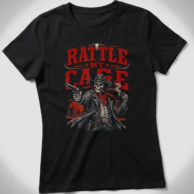 Vintage western style shirt featuring skeleton cowboy and bold text. — printed on a women's shirt