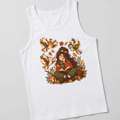 Kawaii illustration of a girl reading surrounded by autumn leaves and birds — printed on a tank top
