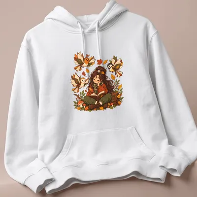 Kawaii illustration of a girl reading surrounded by autumn leaves and birds — printed on a unisex hoodie