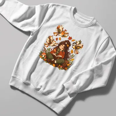 Kawaii illustration of a girl reading surrounded by autumn leaves and birds — printed on a unisex sweatshirt
