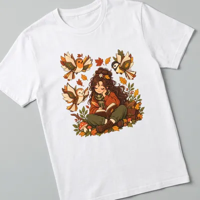 Kawaii illustration of a girl reading surrounded by autumn leaves and birds