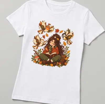 Kawaii illustration of a girl reading surrounded by autumn leaves and birds — printed on a women's shirt