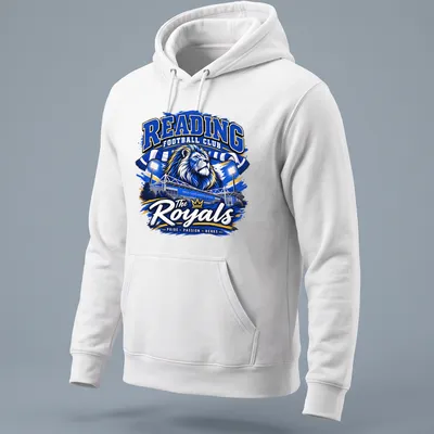 Retro design of lion and text for Reading Football Club supporters — printed on a unisex hoodie