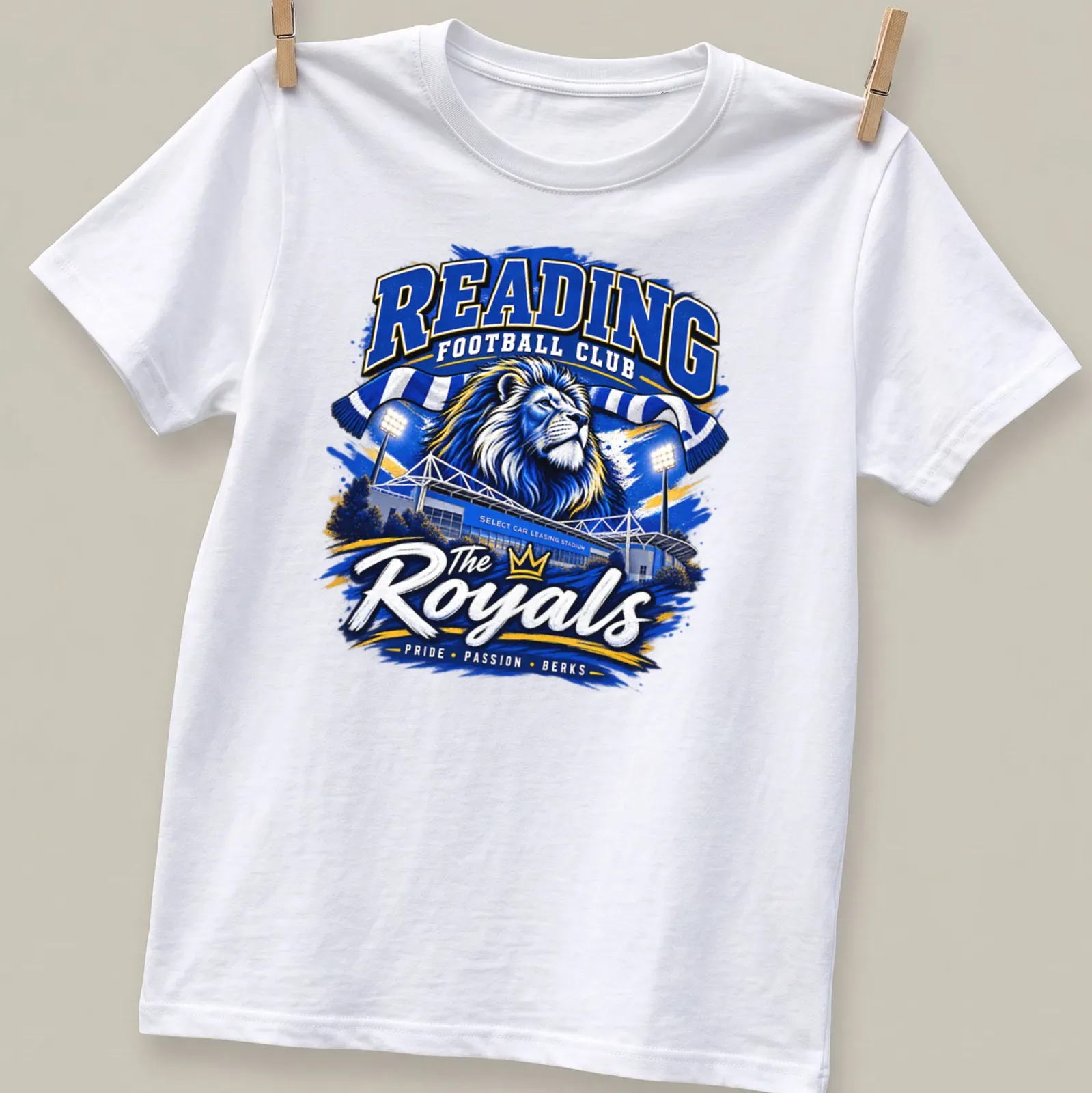 Retro design of lion and text for Reading Football Club supporters — printed on a unisex t-shirt