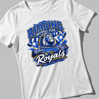 Retro design of lion and text for Reading Football Club supporters — printed on a women's shirt
