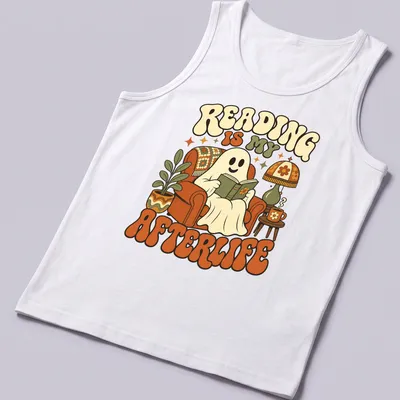 Retro-style T-shirt featuring a ghost reading a book with colorful text — printed on a tank top