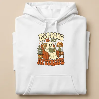 Retro-style T-shirt featuring a ghost reading a book with colorful text — printed on a unisex hoodie