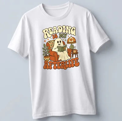 Retro-style T-shirt featuring a ghost reading a book with colorful text