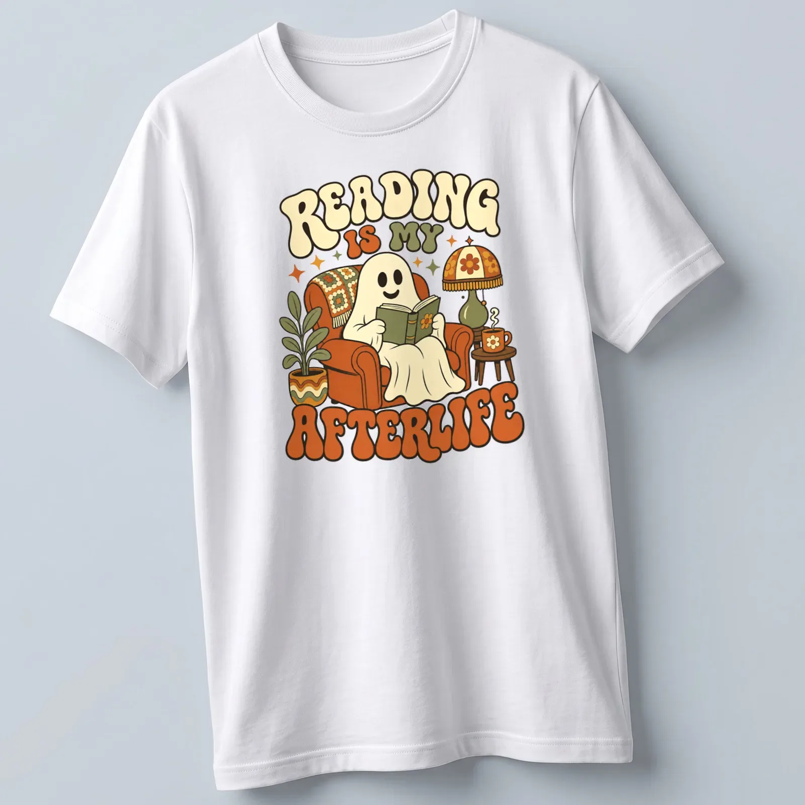 Retro-style T-shirt featuring a ghost reading a book with colorful text — printed on a unisex t-shirt