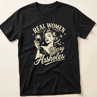 Retro shirt with the quote 'REAL WOMEN Marry Assholes' and a glamorous woman illustration