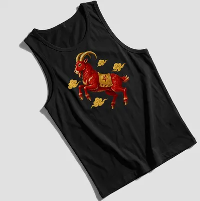 Vibrant illustration of a red Chinese zodiac ram with auspicious clouds — printed on a tank top