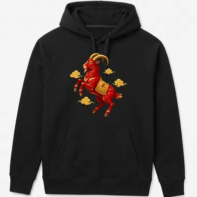 Vibrant illustration of a red Chinese zodiac ram with auspicious clouds — printed on a unisex hoodie