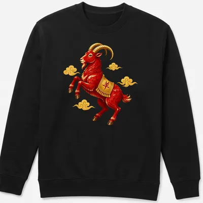 Vibrant illustration of a red Chinese zodiac ram with auspicious clouds — printed on a unisex sweatshirt