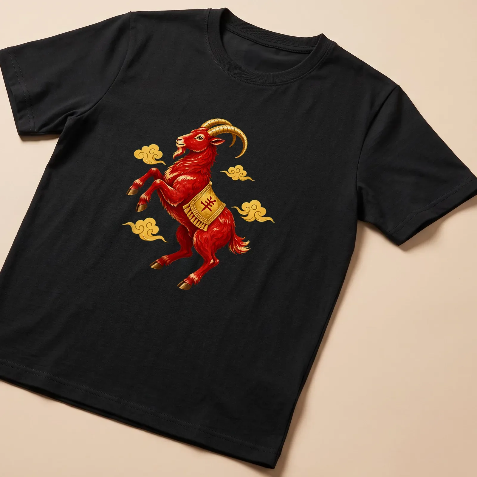Vibrant illustration of a red Chinese zodiac ram with auspicious clouds — printed on a unisex t-shirt