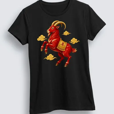 Vibrant illustration of a red Chinese zodiac ram with auspicious clouds — printed on a women's shirt