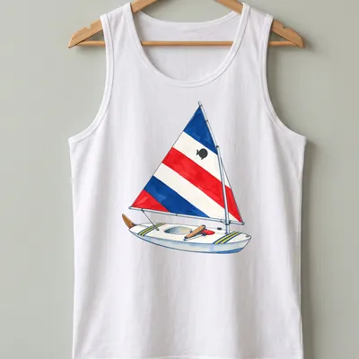 Watercolor print of a red, white, and blue Sunfish sailboat on water — printed on a tank top