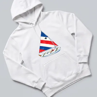 Watercolor print of a red, white, and blue Sunfish sailboat on water — printed on a unisex hoodie