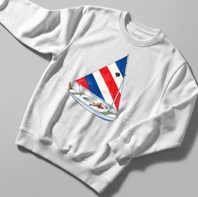 Watercolor print of a red, white, and blue Sunfish sailboat on water — printed on a unisex sweatshirt