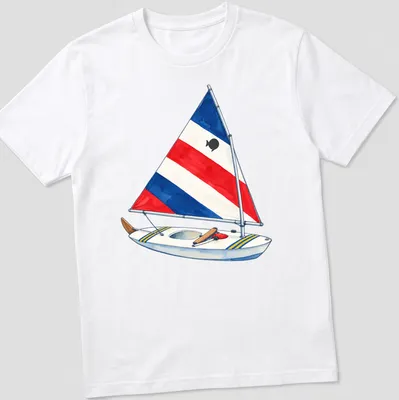 Watercolor print of a red, white, and blue Sunfish sailboat on water