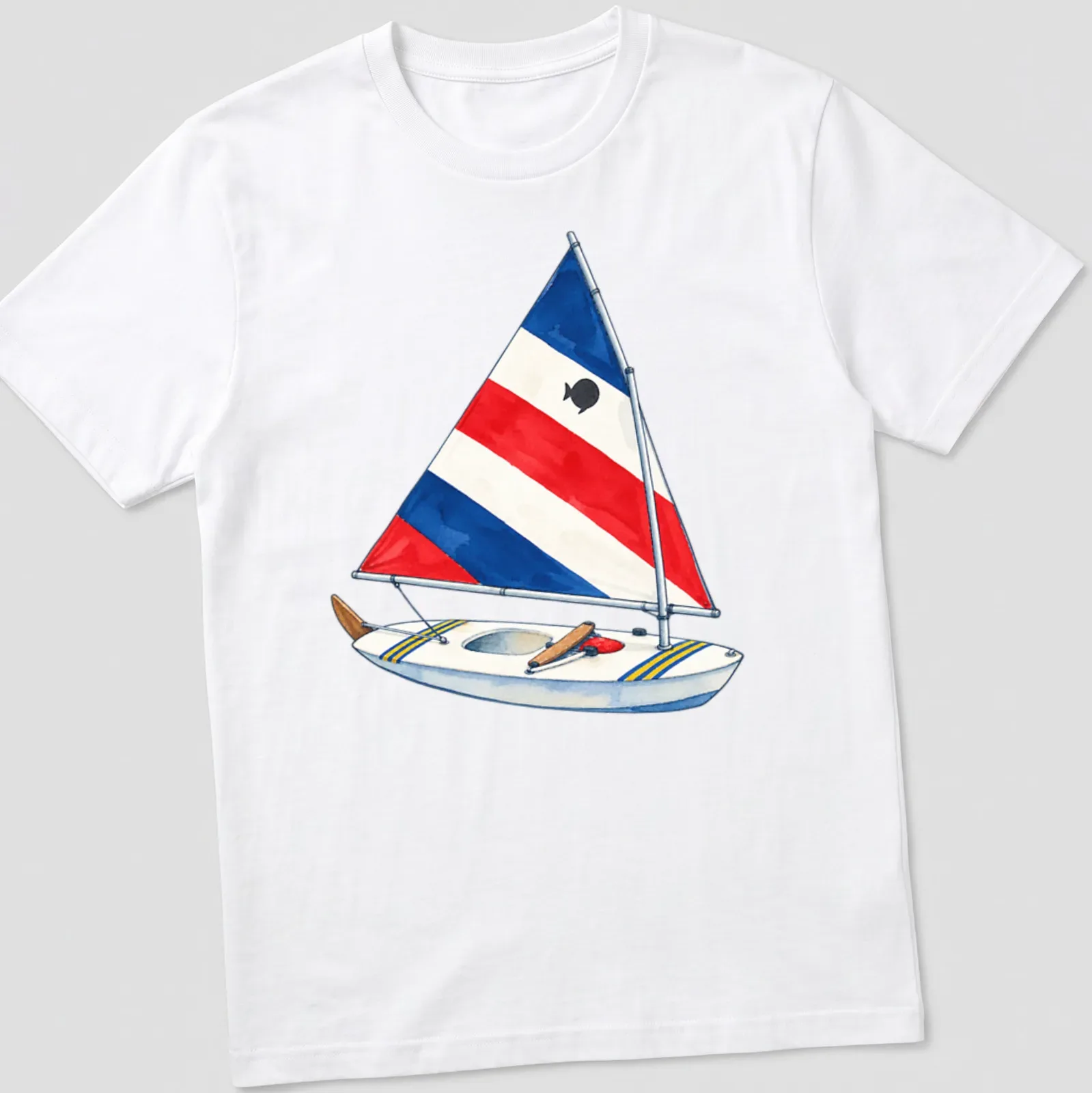 Watercolor print of a red, white, and blue Sunfish sailboat on water — printed on a unisex t-shirt