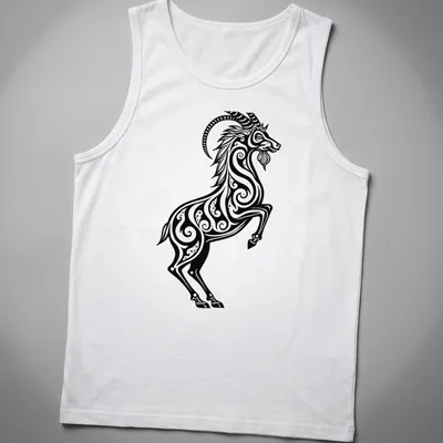 Black and white tribal tattoo design of a Capricorn sea goat — printed on a tank top