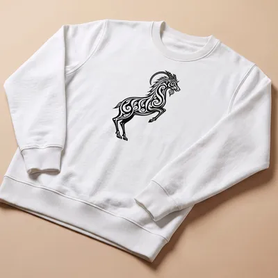 Black and white tribal tattoo design of a Capricorn sea goat — printed on a unisex sweatshirt