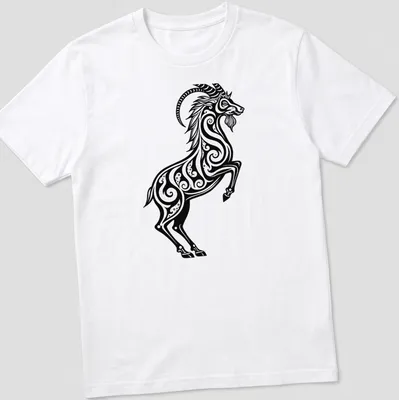 Black and white tribal tattoo design of a Capricorn sea goat — printed on a unisex t-shirt