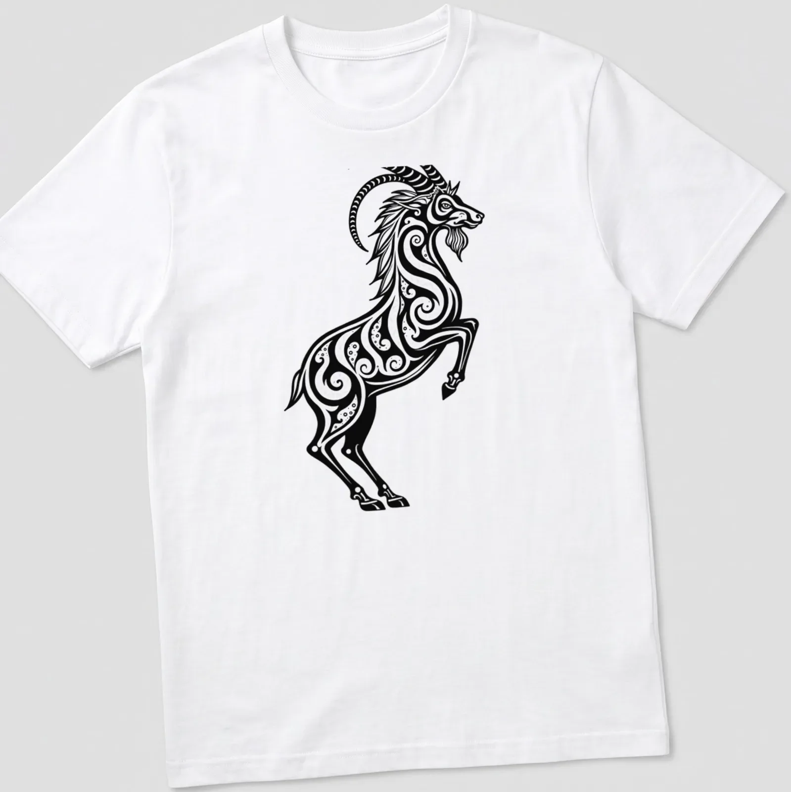 Black and white tribal tattoo design of a Capricorn sea goat — printed on a unisex t-shirt