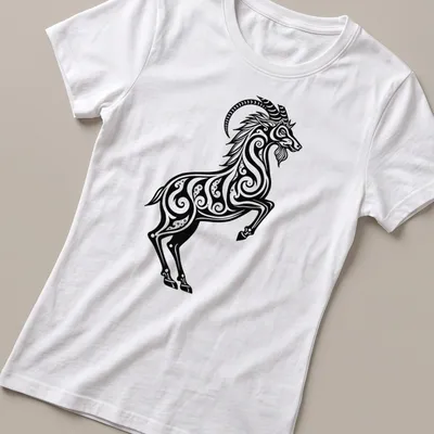 Black and white tribal tattoo design of a Capricorn sea goat — printed on a women's shirt