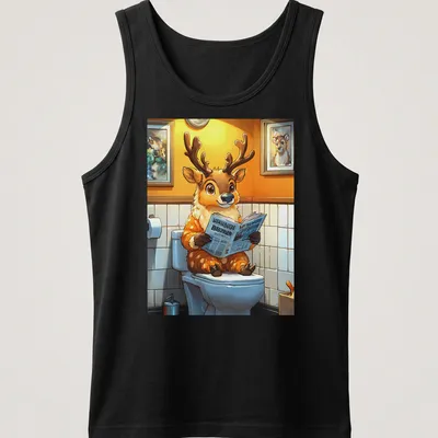 Cute cartoon reindeer reading a newspaper with colorful accents — printed on a tank top