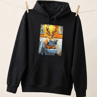 Cute cartoon reindeer reading a newspaper with colorful accents — printed on a unisex hoodie