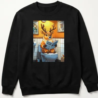 Cute cartoon reindeer reading a newspaper with colorful accents — printed on a unisex sweatshirt