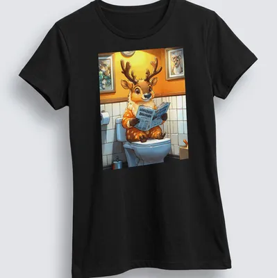 Cute cartoon reindeer reading a newspaper with colorful accents — printed on a women's shirt
