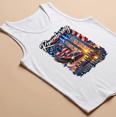 Eagle flying over Twin Towers with the text 'Remembering 9 NEVER FORGET' in patriotic colors — printed on a tank top