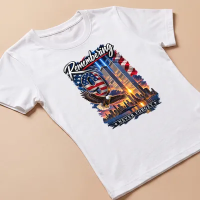 Eagle flying over Twin Towers with the text 'Remembering 9 NEVER FORGET' in patriotic colors — printed on a women's shirt