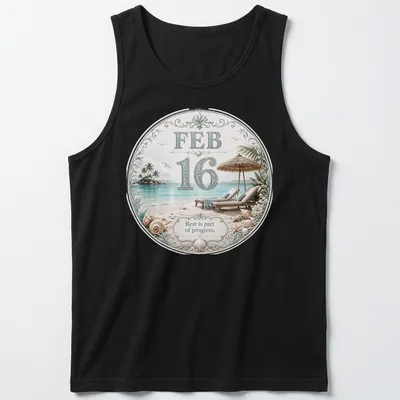 Elegant illustration of a tropical beach scene with lounge chairs and inspirational text — printed on a tank top