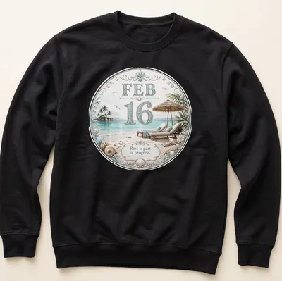 Elegant illustration of a tropical beach scene with lounge chairs and inspirational text — printed on a unisex sweatshirt