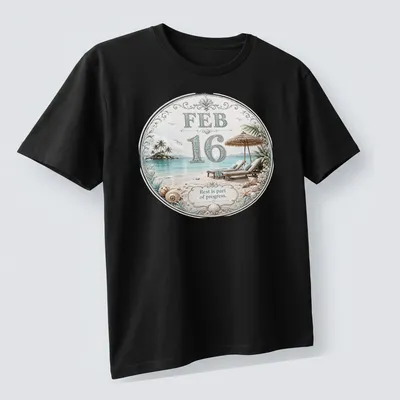 Elegant illustration of a tropical beach scene with lounge chairs and inspirational text — printed on a unisex t-shirt (angled view)