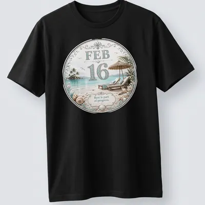 Elegant illustration of a tropical beach scene with lounge chairs and inspirational text — printed on a unisex t-shirt