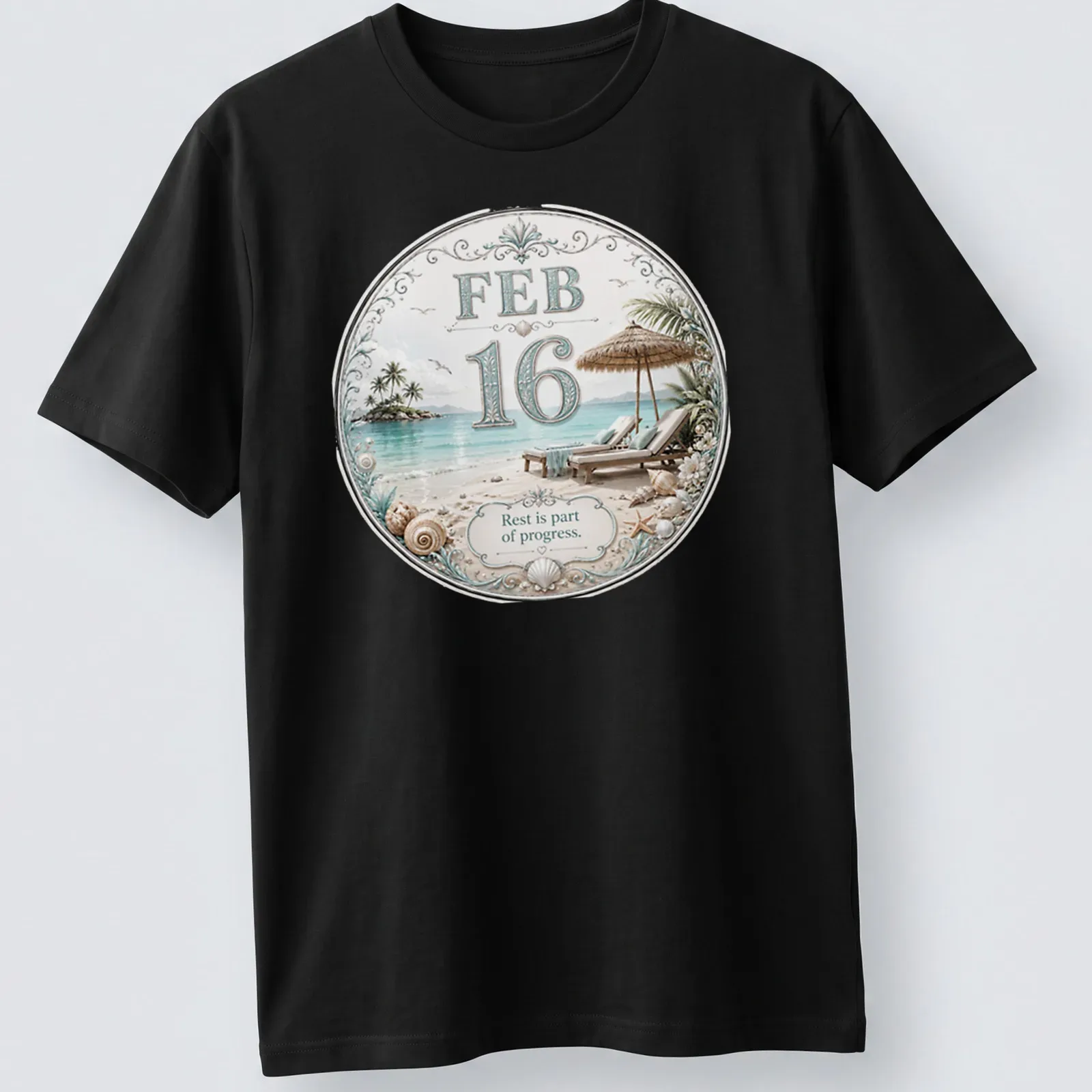 Elegant illustration of a tropical beach scene with lounge chairs and inspirational text — printed on a unisex t-shirt