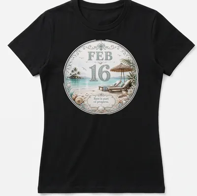Elegant illustration of a tropical beach scene with lounge chairs and inspirational text — printed on a women's shirt