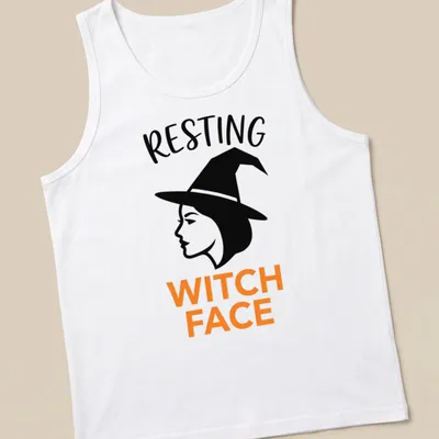Modern minimalist Resting Witch Face t-shirt with witch silhouette. — printed on a tank top
