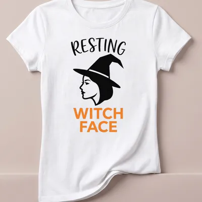 Modern minimalist Resting Witch Face t-shirt with witch silhouette. — printed on a women's shirt