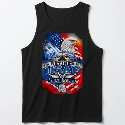 Patriotic T-shirt featuring an eagle and military aircraft with Retired USAF LT. COL. text — printed on a tank top