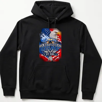 Patriotic T-shirt featuring an eagle and military aircraft with Retired USAF LT. COL. text — printed on a unisex hoodie