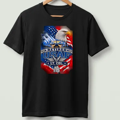 Patriotic T-shirt featuring an eagle and military aircraft with Retired USAF LT. COL. text — printed on a unisex t-shirt