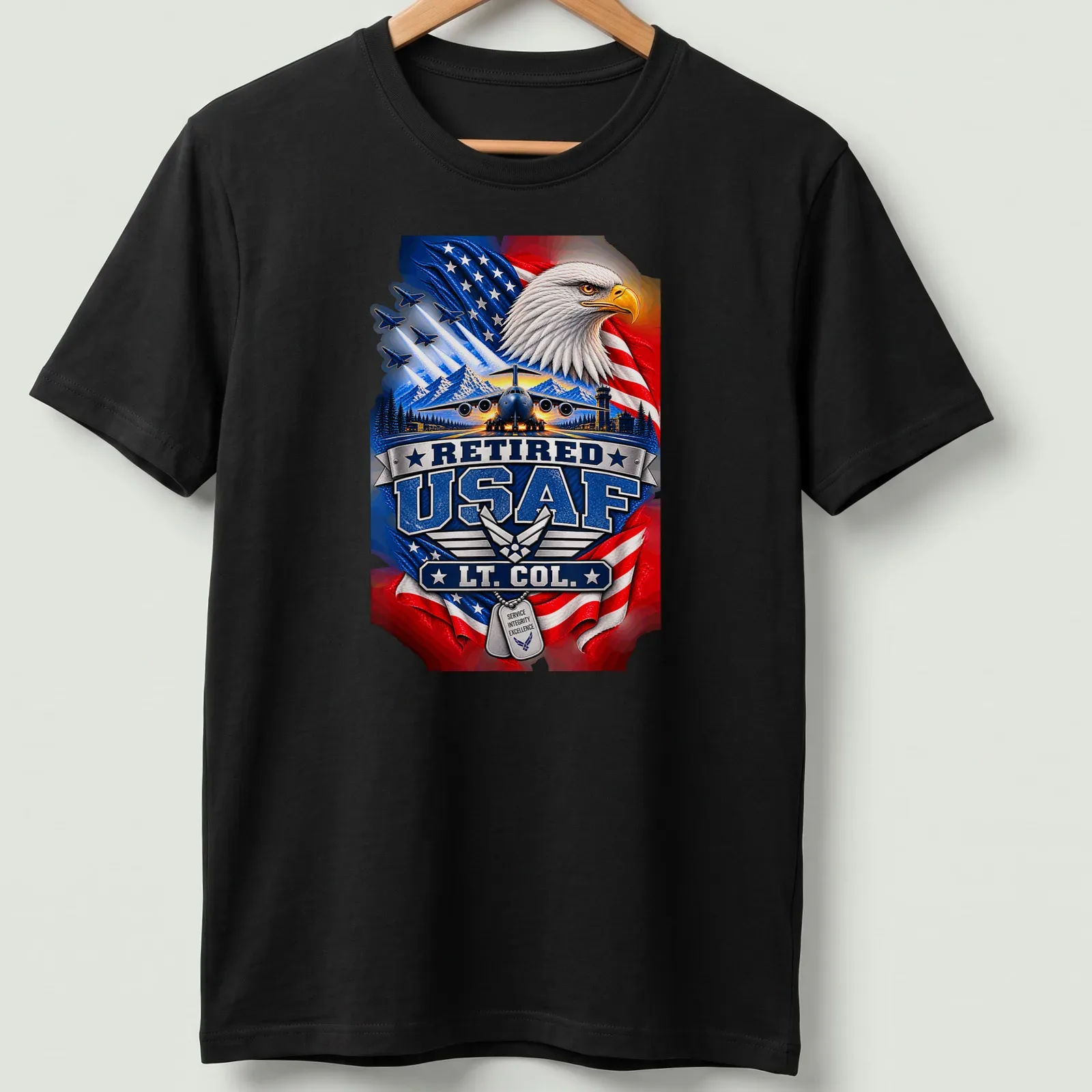 Patriotic T-shirt featuring an eagle and military aircraft with Retired USAF LT. COL. text — printed on a unisex t-shirt
